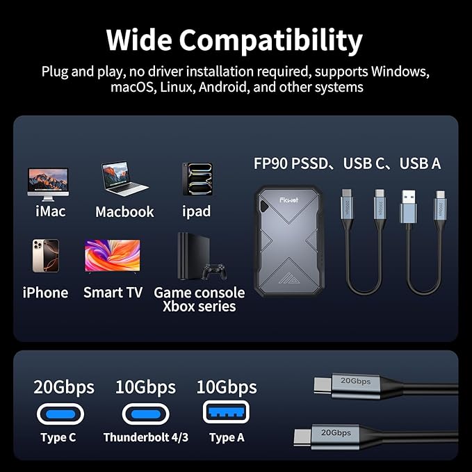 1TB Portable SSD Up to 2050MB/s USB 3.2 Gen2 USB-C IP68 Water &amp Dust Resistant Shockproof External Solid State Drive for Smart TV Cameras iPhone 16/15 Windows Mac and Other Devices (FP90)