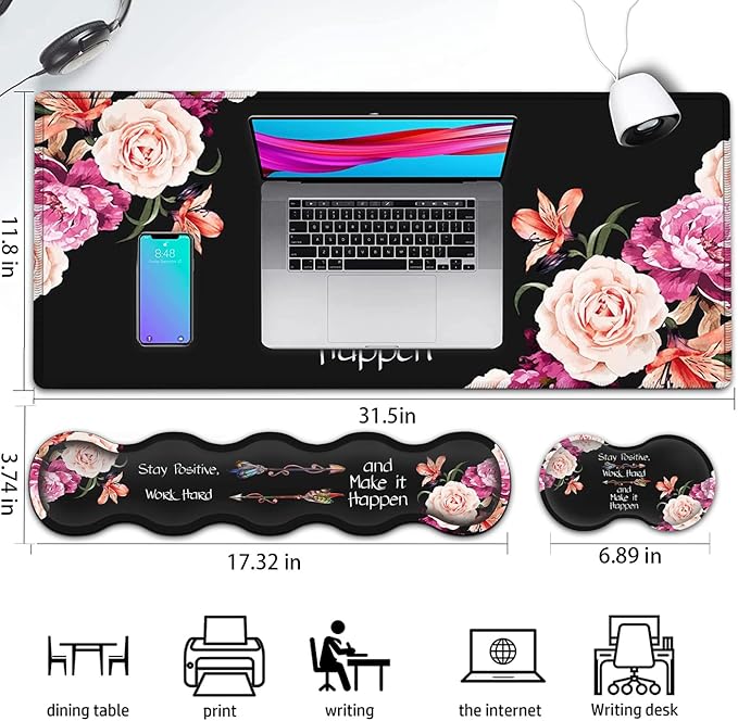Keyboard Mouse Pad Wrist Rest Support Set Extended Black Gaming Mouse Pad Large XXL Mousepad + Ergonomic Memory Foam Wrist RestOffice Desk Mat Waterproof Writing Pad Work Hard Peony Flower
