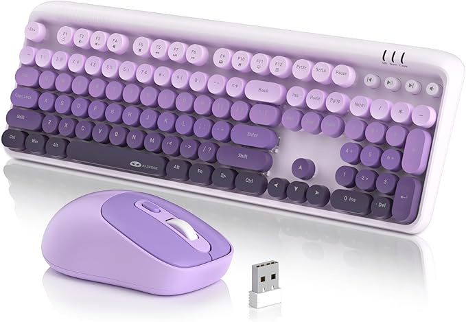 MageGee V920 Wireless Keyboard and Mouse Combo 2.4G Full-Sized Retro Typewriter Keyboard with Round Keycaps &amp Auto-Sleep Mode Cute Computer Keyboard and Cordless Optical Mouse for Laptop/PC (Pur