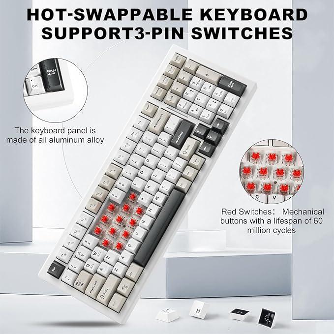 Wireless Game Mechanical Keyboard BT5.0/2.4GHz/USB Multi-Color LED with 18+ Modes Hot-Swappable Custom Keyboard Red Creamy Switches Gaming Keyboard for PC/Mac (Black White)