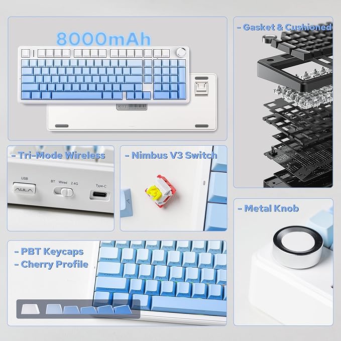 EPOMAKER X Aula F99 PRO Wireless Gaming Keyboard with 8000mAh Battery Hot Swappable Creamy Keyboard 2.4GHz/Type-C/BT5.0 NKRO RGB Backlit for Win/Mac/Gaming (Blue Gradient)