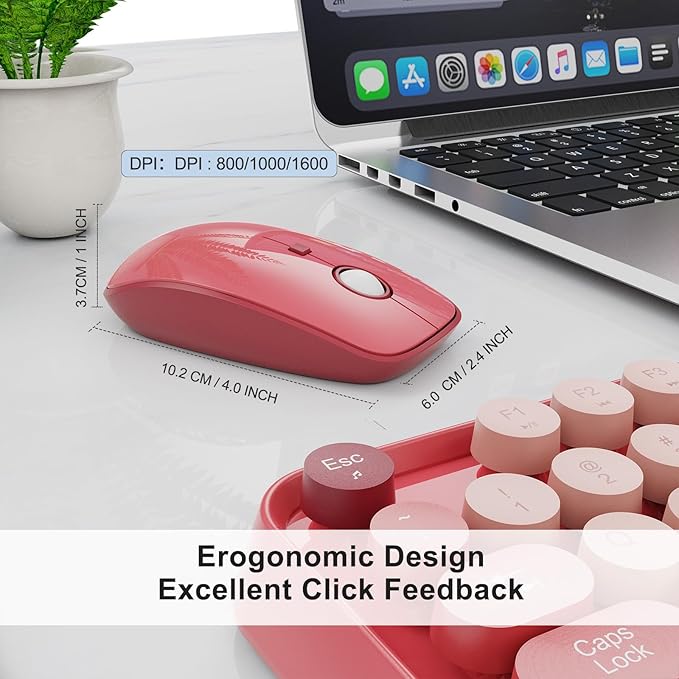 FD Wireless Keyboard and Mouse Combo | Cute Colorful Keyboard and Mouse with 2.4GHz Cordless Retro Typewriter Keyboard | Auto-Sleep | USB Receiver for Windows PC/Laptop - Pink Colorful