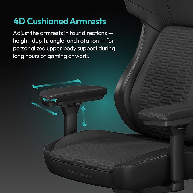 ThunderX3 CORE Gaming Chair for Adults Ergonomic Office Chair High Back Desk Chair Synchronous Tilt Forward Tilt 360° Self-Adjusting Lumbar Support Multipurpose Footrest Leather Racer Black