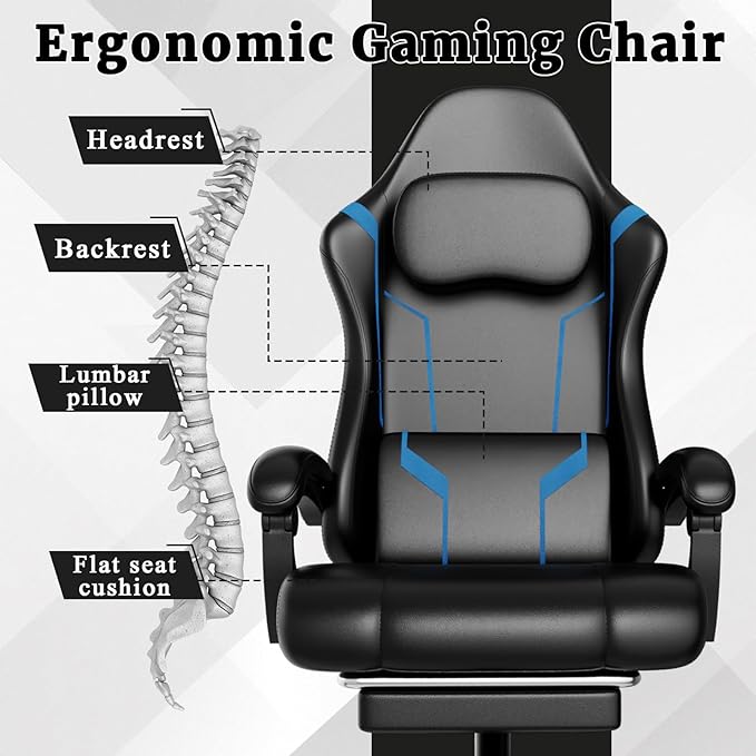 Gaming Chair with Pocket Spring Cushion &amp Footrest - Ergonomic Computer Chair with Adjustable Height Headrest &amp Swivel SeatFaux Leather Blue