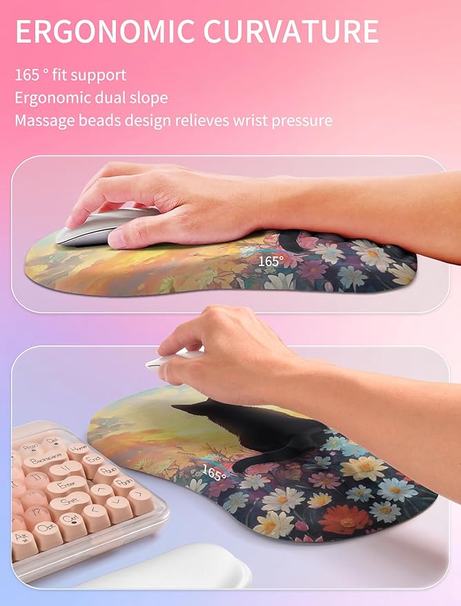 Hokafenle 2in1 Combination Wave Keyboard Wrist Rest and Ergonomic Curvature Mouse Pad Wrist Support for Relieve Wrist Pain Filled with Soft Cushion Memory Foam Wishing Cat