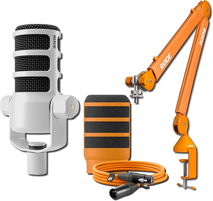 Rode PodMic Dynamic Broadcast Microphone (White) with PSA1+ Microphone Boom Arm WS14 Pop Filter and Premium XLR Cable (Orange)