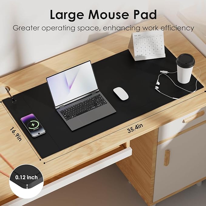 Magnetic Mouse Pad with Wireless Charging 35.4'' x 16.9'' Extra Large Desk Pad Waterproof and Scratch-Resistant Mousepad Charcoal Black Computer Mouse Mat for MacBook PC Laptop