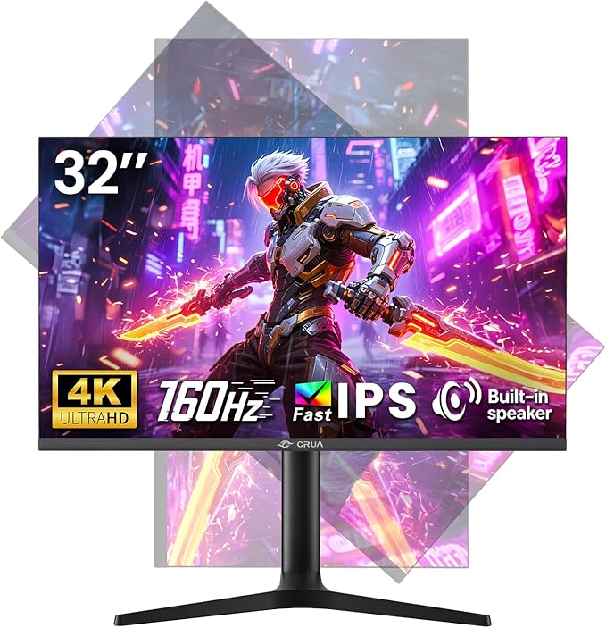 CRUA 32'' 4K Gaming Monitor 160Hz UHD 3840x2160 IPS Screen Height/Pivot/Swivel/Tilt Adjustable Vertical Monitor Support FreeSync Built-in Speakers 120% sRGB PIP/PBP HDMI 2.0 &amp DP 1.4-Black