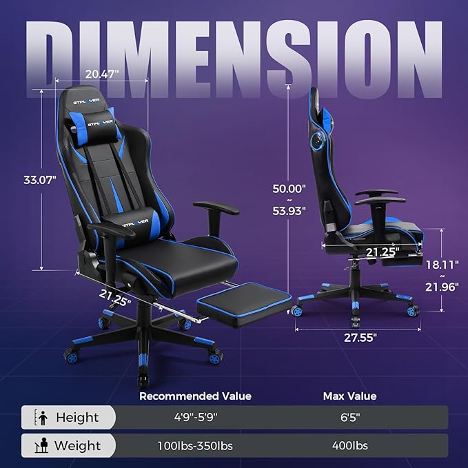 GTPLAYER Gaming Chair with Speakers Video Game Chairs with Footrest for Adults Ergonomic Computer PC Gamer Reclining Chair(Blue)