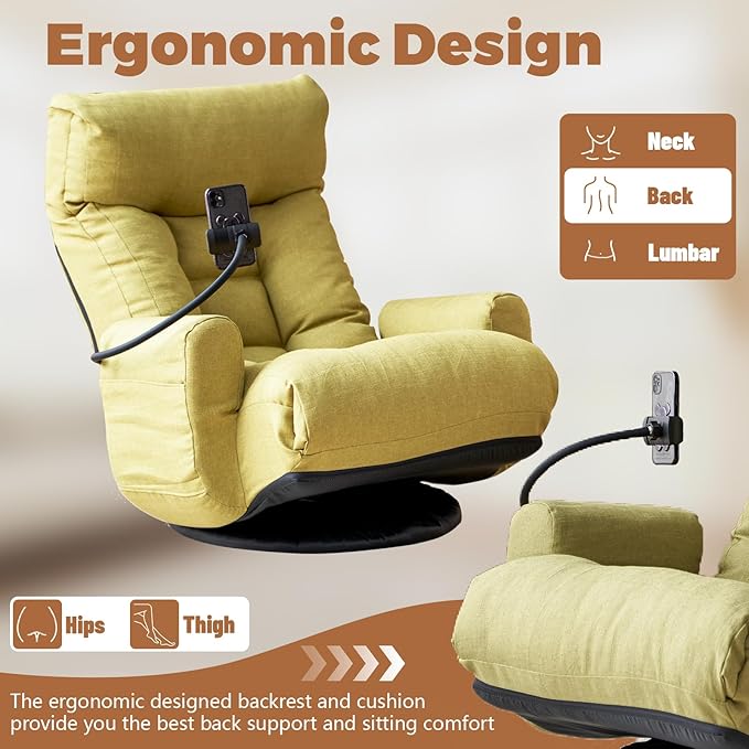 360° Swivel Floor Green Gaming Chair Linen Folding Lounge Sofa Chair with Adjustable Head and Waist Armrests &amp Phone Holder Padded Cushion Leisure Chairs for Living Room Bedroom