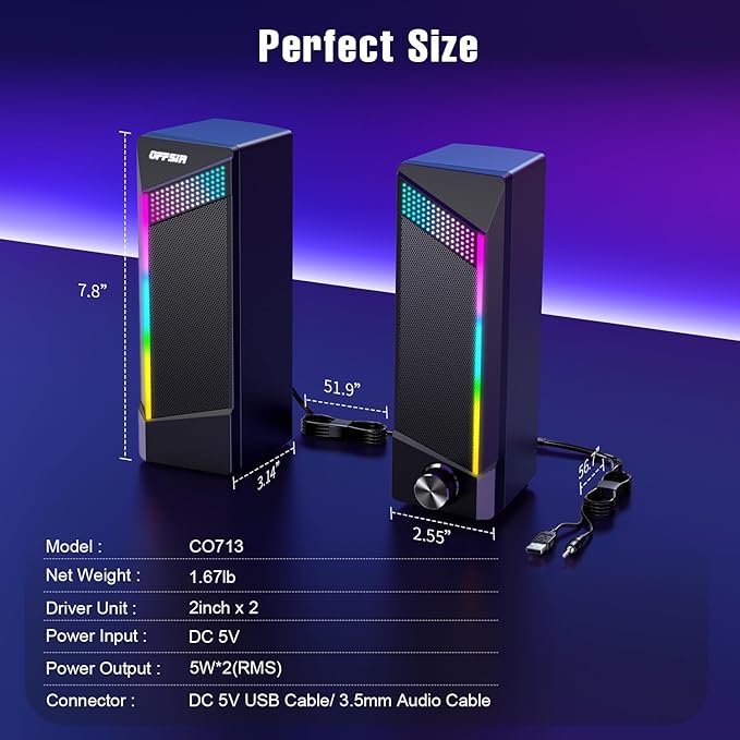 Computer Speakers 2 in 1 PC Speaker  Gaming Speakers for PC Computer Laptop Desktop Monitor RGB Speakers with Touch Sensitive Lighting USB Powered 3.5mm Aux（Package Only Two Speaker No Soundbar）