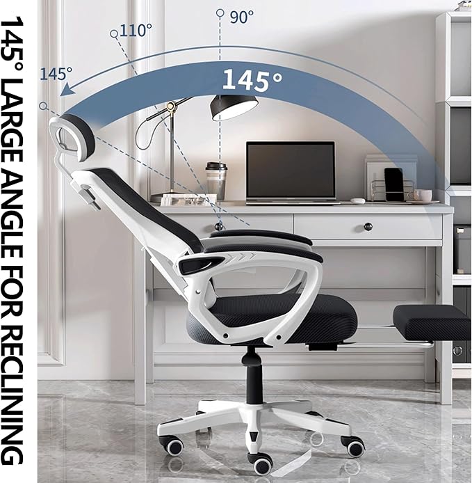 Ergonomic Office Gaming Chair with Mesh Swivel 145° Recline Adaptive Lumbar Support Rotating Headrest Height Adjustment White
