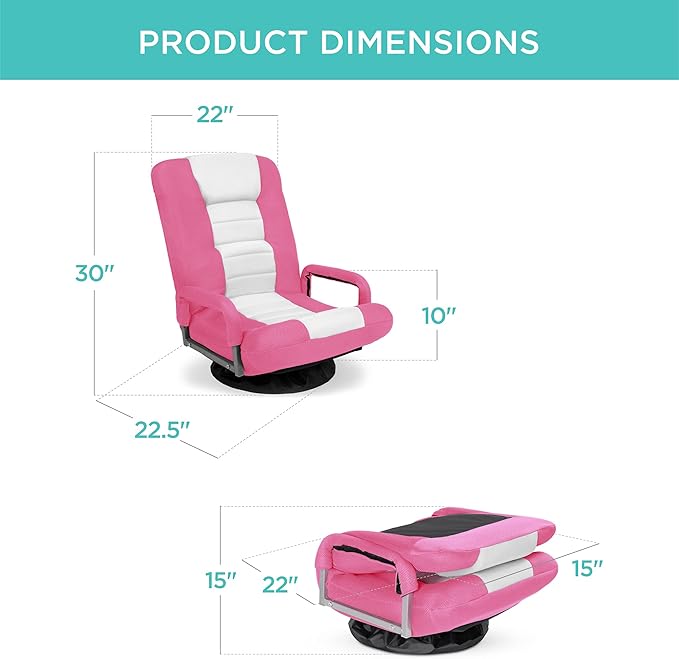 Best Choice Products Swivel Gaming Chair 360 Degree Multipurpose Floor Chair Rocker for TV Reading Playing Video Games w/Lumbar Support Armrest Handles Adjustable Foldable Backrest - Pink/White