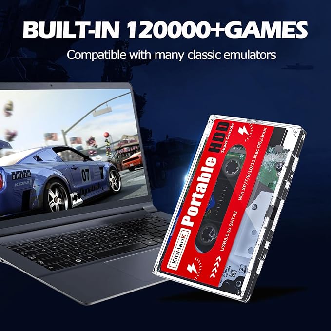 Kinhank 2T HDD Portable External Game Hard Drive Built-in 120000+ Games Batocera 33 System Compatible with 70+ Classic Emulators Support for Windows/Laptop/PC/Mac 2 Wireless Controllers