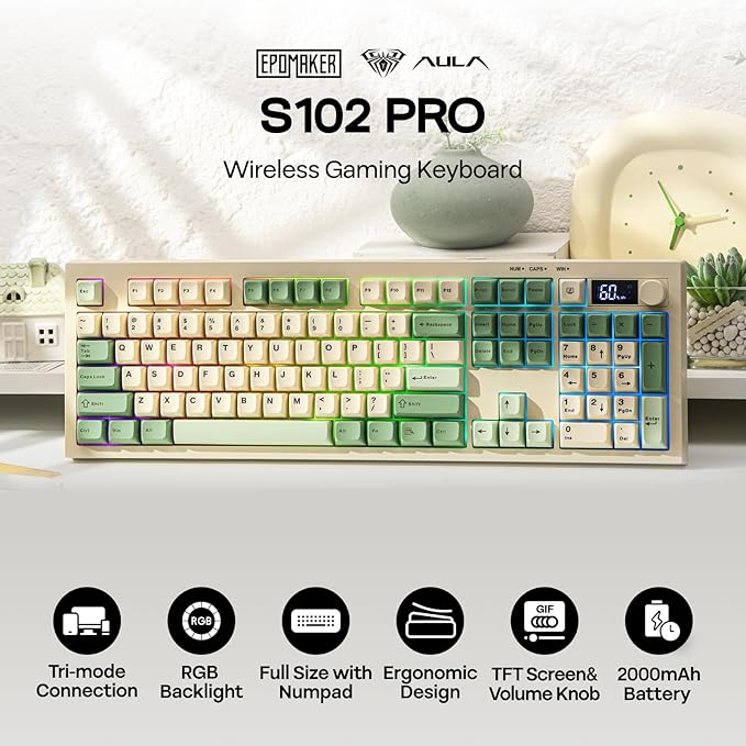 EPOMAKER Aula S102 PRO Membrane Gaming Keyboard with TFT Screen Volume Knob &amp Number Pad BT/2.4G/USB RGB Backlit Creamy Silicone Structure Silent Keyboard for PC Game/Office (Yellow)