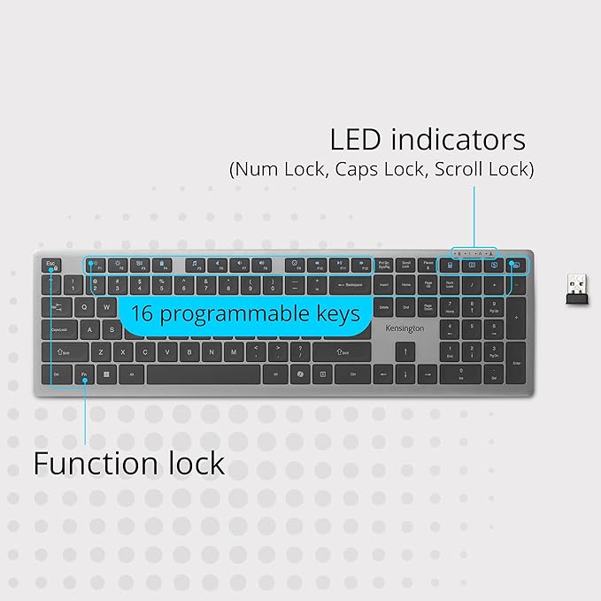 Kensington KB535 Wireless Keyboard Bluetooth &amp 2.4GHz Connection Full-Size Layout Quiet Scissor-Switch Keys Programmable Copilot Hotkey Compatible with Windows Black (K75408NA)