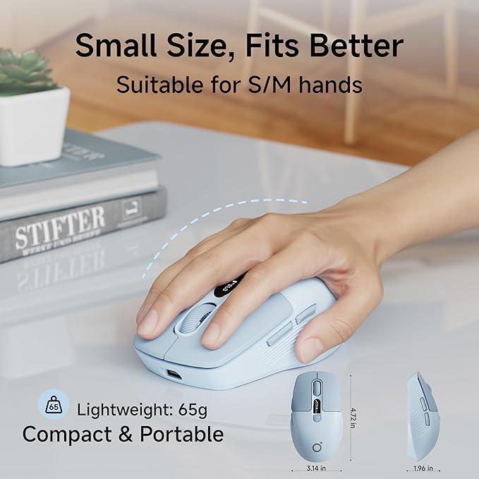 EWEADN Q1 Wireless Mouse BT &amp 2.4G Silent Mouse Quiet Click with 1600 DPI Levels Battery &amp DPI LED Screen Display 6 Button Small Portable Bluetooth Mouse for Laptop/PC/Mac-Blue