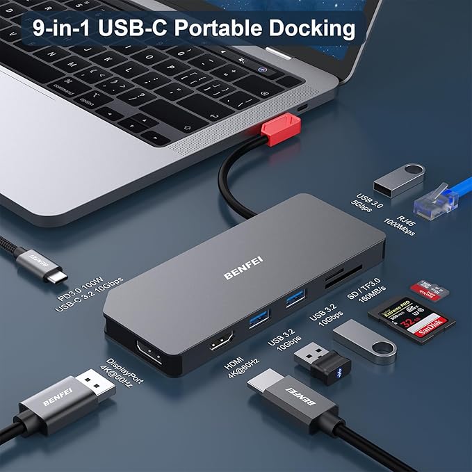 BENFEI 9in1 USB C MST Laptop Docking Station USB-C Hub with HDMI DisplayPort Dual Monitor/3*USB Type-A/1*USB Type-C(10Gbps+100W PD)/SD/TF Card Reader/1*RJ45