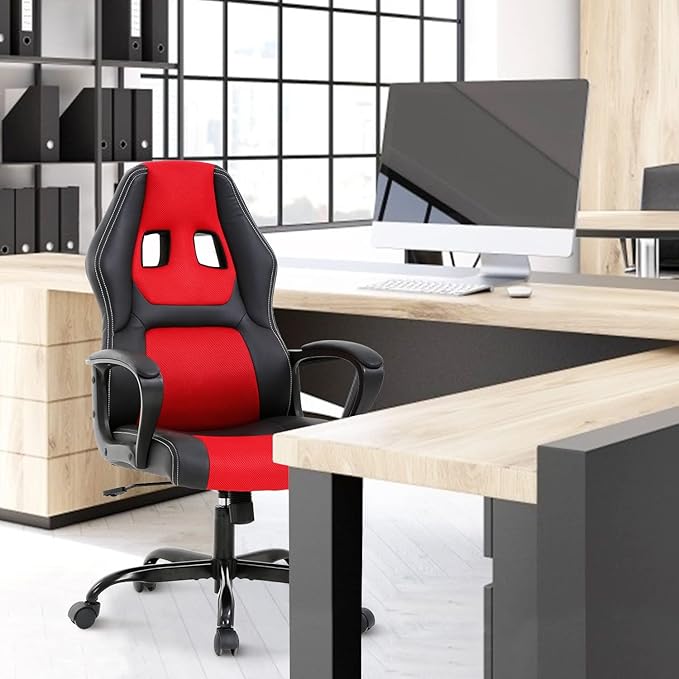 Gaming Chair Max 250LBS Office Chairs with Ergonomic Design Comfortable Office Chair PU Leather with Mesh Back Gaming Chairs with 360-Degree Swivel Gaming Chairs for Adults PC Chair RED