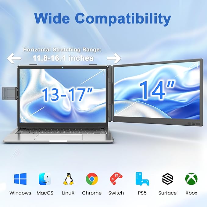KEFEYA Laptop Screen Extender 14 FHD 1080P IPS Dual Laptop Monitor Extender Portable Monitor Plug &amp Play USB-C/HDMI/USB-A for 13-17 Laptops Work with Windows/MacBook/Switch/PS5