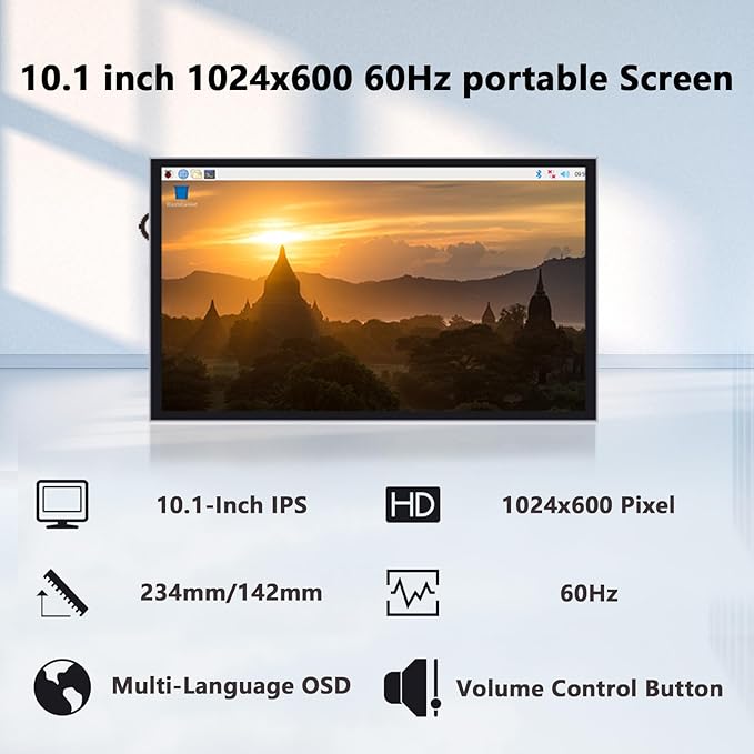 GeeekPi 10.1 Inch LCD Screen for Raspberry Pi 1024x600 IPS LCD Display HDMI Portable Monitor for Raspberry Pi 5/Pi 4B/3B+/3B/B+/Zero/400 Win11/10/8/7 Free Driver (Non-Touch)