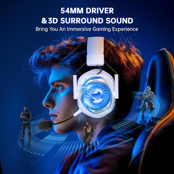 RYR Wireless Gaming Headset for Xbox Series X|S Xbox One PC PS5/4 Mac Mobile Switch 3D Surround Sound Bluetooth 5.3 60H Battery Gaming Headphones with Detachable Noise Canceling Mic-White