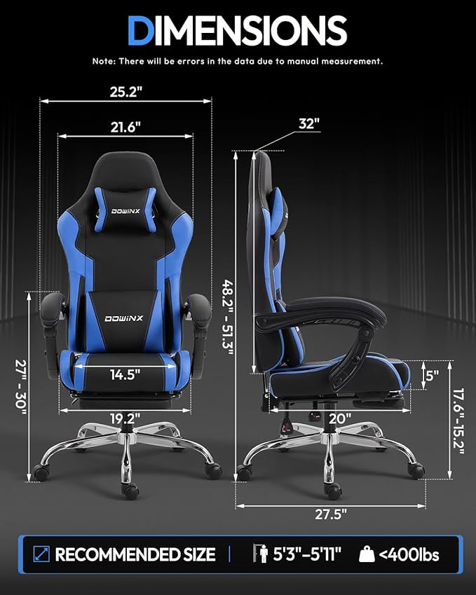 Dowinx Ergonomic Gaming Chair with Footrest &amp Massage Lumbar 2D-Linkage Armrests for Computer Chair 330lbs with Headrest Pillow for Office Home Streaming and Long Gaming Sessions Blue