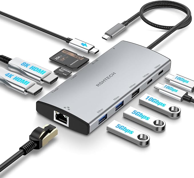 USB C Docking Station Dual Monitor RSHTECH 11-in-1 USB C Hub Multiport Adapter with 2 HDMI 4K/8K 3 USB 3.2 Ports 10Gbps(2C+1A) 2 USB 3.0 Ports 100W PD Gigabit Ethernet SD/TF Card Reader