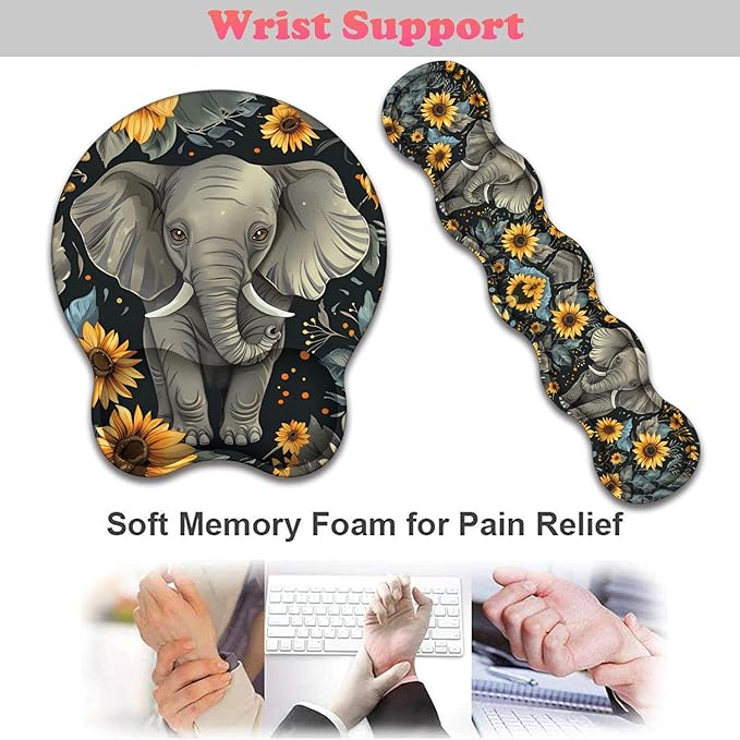3 in 1 Keyboard Wrist Rest + Mouse Pad and Coaster Ergonomic Gel Mouse Pad and Keyboard Pad Set Comfortable Lightweight for Easy Typing Pain Relie Baby Elephant and Sunflower