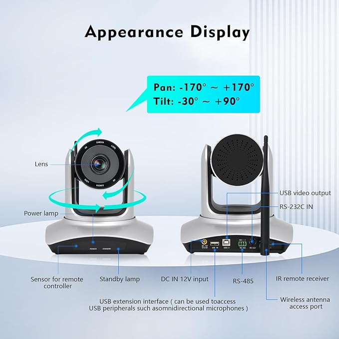 TOALLIN Wireless PTZ Conference Room Camera 3X Optical Zoom Streaming Camera 1080P Full HD Wireless Webcam for Video Conferencing/Live Streaming/Church Services Worship/Online Education