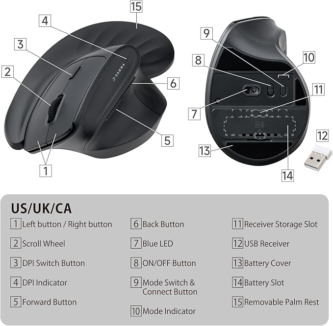SANWA Wireless Ergonomic Mouse for Large Hands Silent Click Vertical Mice with Removable Wrist Rest 1000-4000 DPI 3-Device (2.4G + 2 Bluetooth 5.4) Compatible with Mac Windows Laptop PC Black