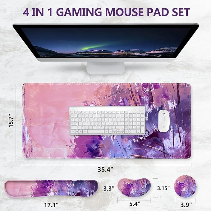DINKY Keyboard Mouse Pad Set Large Gaming Mousepad + Memory Foam Ergonomic Keyboard Wrist Rest Support Easy Typing Pain Relief 4Pcs (35.4 x 15.8) Extended Desk Mat-Abstract