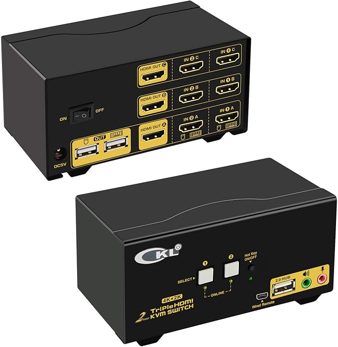 CKL Triple Monitor HDMI KVM Switch 2 Port with Audio and USB 2.0 HUB PC Monitor Keyboard Mouse Switcher Box Mirrored or Extended Display 4K@30Hz for Computers and Laptops CKL-923HUA