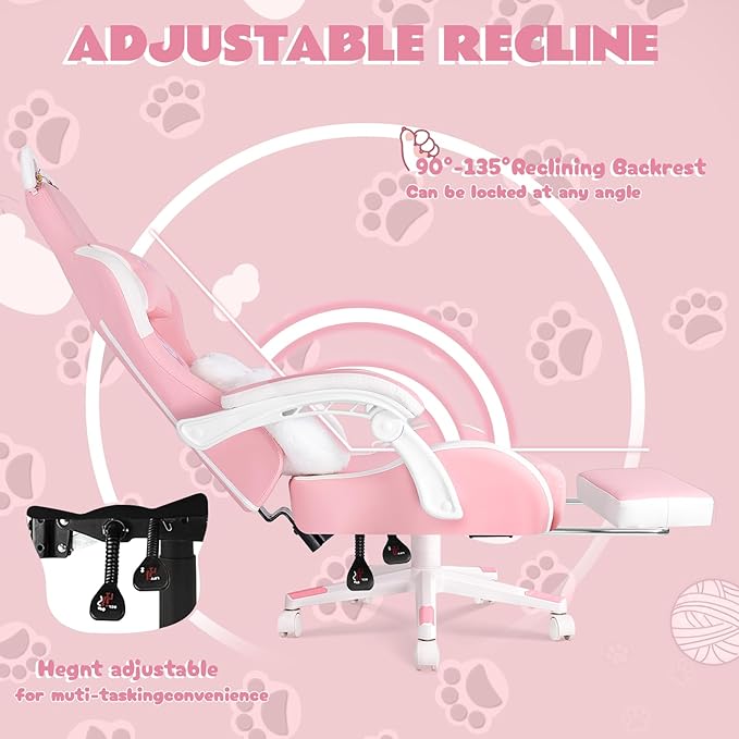 VITESSE Pink Gaming Chair for Girl with Cat Paw Lumbar Cushion and Cat EarsErgonomic Computer Chair for Girl with Footrest and Headrest Comfortable Reclining PC Game Chair for AdultKid (White)