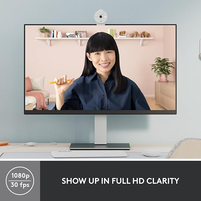 Logitech Brio 300 Full HD Webcam auto Light Correction Noise reducing mic Privacy Shutter USB-C Works with Microsoft Teams Google Meet Zoom for Streaming and Video Calling - White