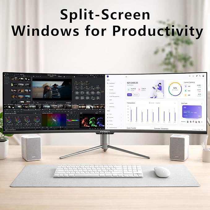INNOCN Ultrawide 49 Curved 3840 x 1080P 144Hz 32:9 Monitor Screen Split PIP PBP for Workflow/Gaming R1800 99% sRGB HDR400 USB C DisplayPort HDMI Speakers Adjustable Black (HDMI+DP Cable)