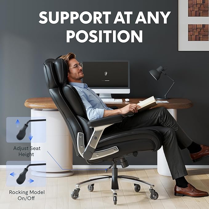 FLEXISPOT 600lbs Big and Tall Office Chair for Heavy People Heavy Duty Computer Desk Chair with Dynamic Lumbar Support 2D Armrest Blade Wheels Chairs for Home Office Gaming Working Leather Black