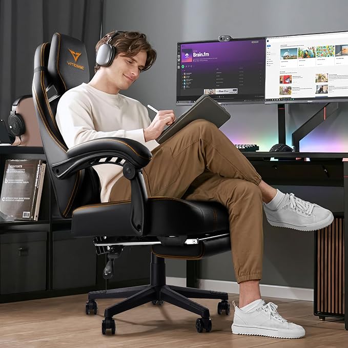 VITESSE Big and Tall Gaming Chair with FootrestErgonomic Video Gaming Chair with Oversized Headrest and Lumbar Support for Adults 400lb Weight CapacityComputer Chair for Office or Gaming (Orange)