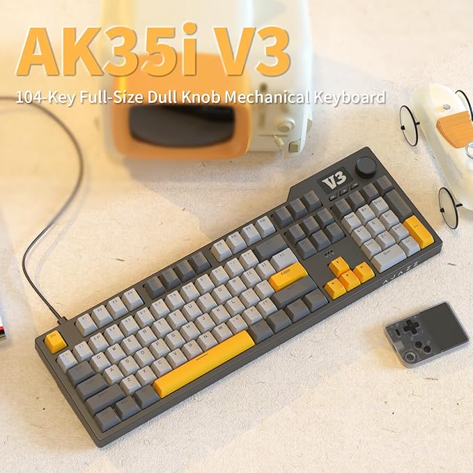 AJAZZ AK35I V3 104-Key Full Size Wired Gasket Mount Gaming Keyboard with Multimedia Buttons &amp Knob Control | Five Layer Pad | OEM Profile PBT Keycaps | Blue Backlit Custom Keyboard