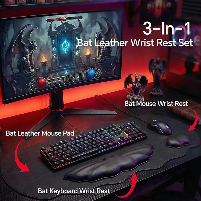Bat Mouse Pad PU Leather Mousepad 3 in 1 Keyboard Wrist Rest and Mouse Wrist Rest Ergonomic Bat Wrist Rest Waterproof Leather Surface Easy Typing Cushion with Memory Foam for Home Office