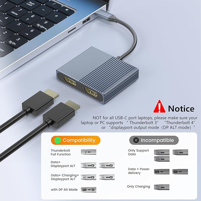 Dual HDMI Adapter for 2 Monitors Double 4K@60Hz HDMI Splitter for dual monitors Dual Monitor Adapter hdmi Splitter Extended Display USB C Laptop Docking Station Dual monitor for Dell/Mac/HP/Lenovo