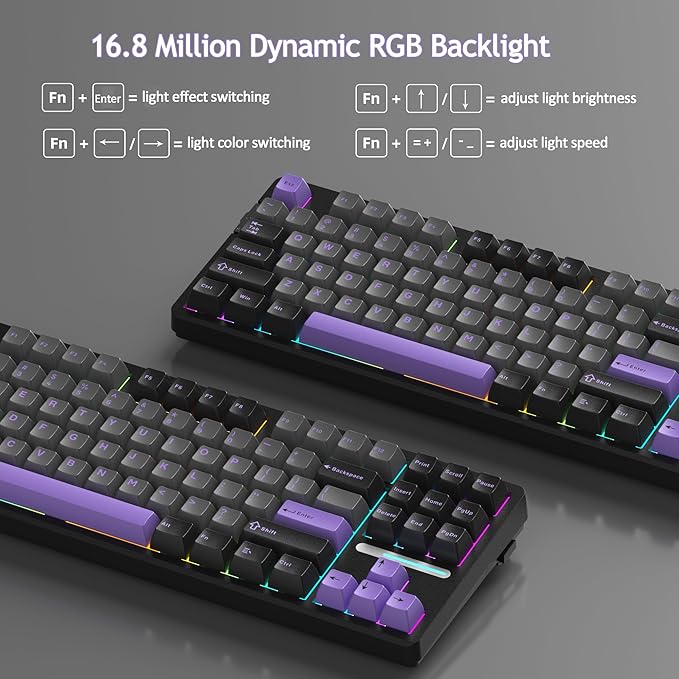 MageGee LIGHT87 Wireless Creamy Keyboard Gasket Structure Hot Swappable Mechanical Keyboards 2.4G/USB-C/BT5.0 RGB Backlit Gaming Keyboard for Win/Mac/PC 4000mAh Battery PBT Keycaps Purple