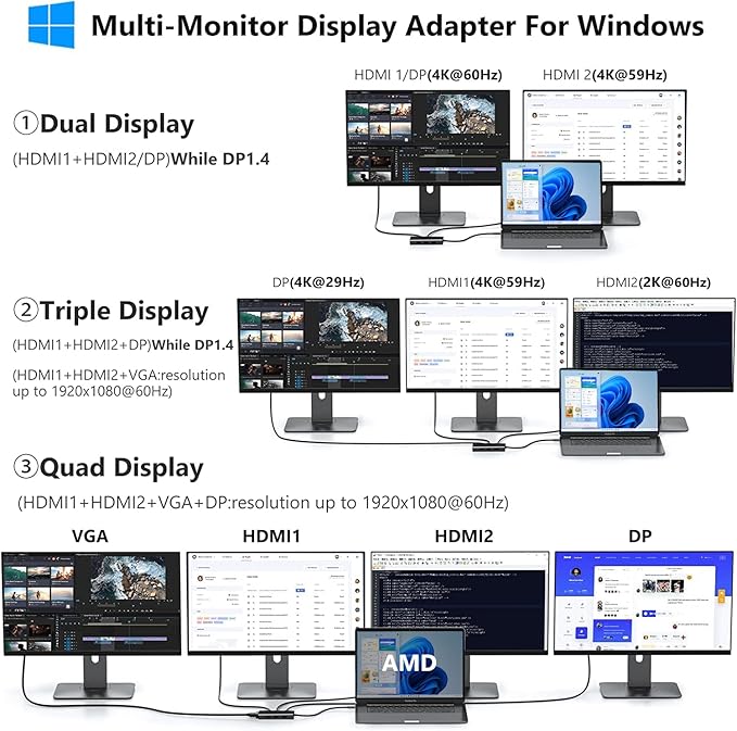 ABIWAZY USB C Docking Station Dual Monitor for HP Dell Lenovo Thinkpad Surface 8 in 1 Computer Multiple Monitor Hub Adapter to Dual 4K HDMIDisplayPortVGA 00W PD3 USB for Windows Laptops(Black)