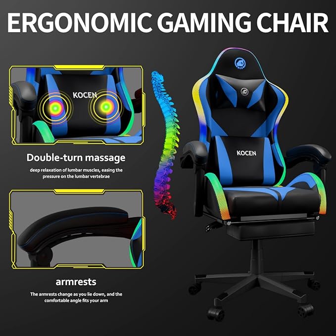 Gaming Chairs for Adults Tall and KidsLumbar SupportLED LightsHigh Back Reclining Computer Chair with Headrest (Black+Blue)