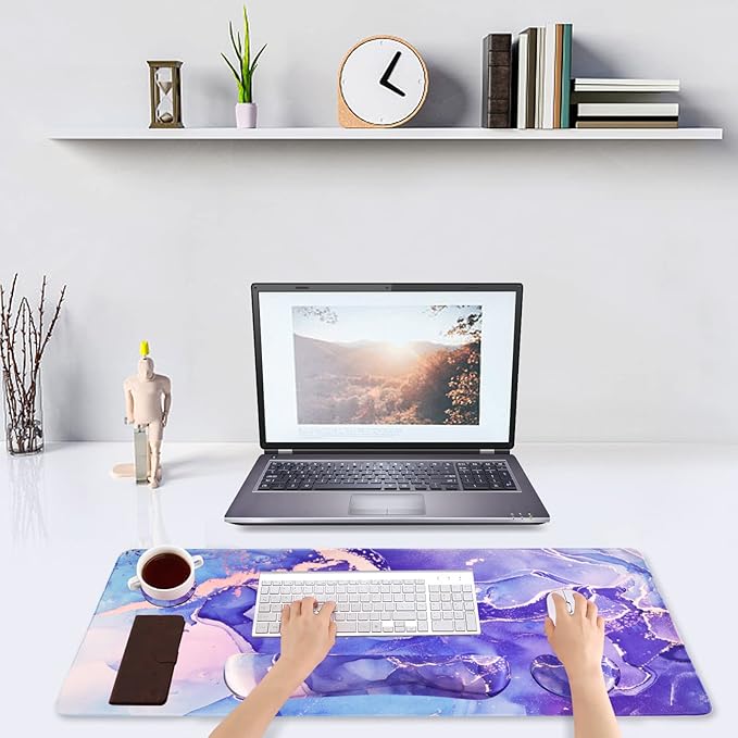 DINKY Keyboard Mouse Pad Set Large Gaming Mousepad + Memory Foam Ergonomic Keyboard Wrist Rest Support Easy Typing Pain Relief 4Pcs (35.4 x 15.7) Extended Desk Mat-Modern Purple Marble