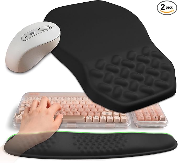 2-in-1 Ergonomic Set Wave Keyboard Wrist Rest and Massage Slope Mouse Pad Wrist Support Rebound Memory Foam for Relieve Carpal Tunnel Syndrome and Wrist Pain (Black)