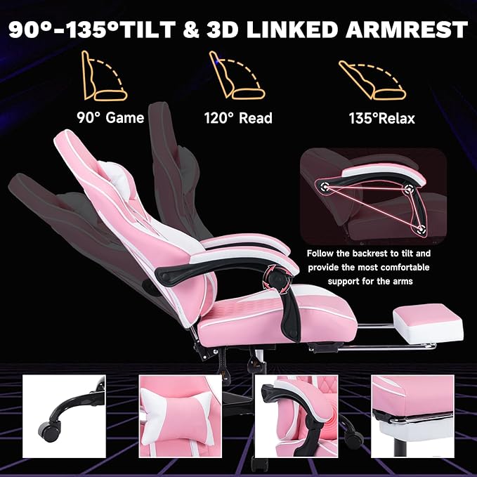 Gaming Chair with Footrest Ergonomic Computer Gaming Chair with Massage Lumbar Support and Pocket Spring Cushion Reclining Adult Gaming Chair for Home Office (Pink)
