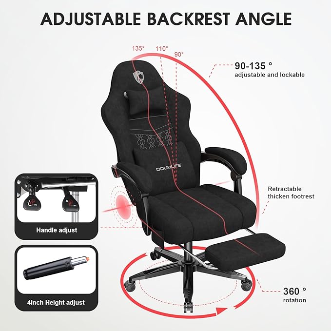 Gaming Chair Fabric Computer Office Chair with Massage Ergonomic Chair with Footrest Lumbar Support Pocket Spring Widened Cushion Metal Legs 350LBS Black