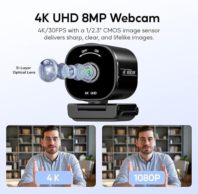 4K Webcam for PC and Laptop - Ultra 4K HD Autofocus Dual Noise-Cancelling Mics Privacy Cover USB Plug &amp Play Wide-Angle Streaming Camera for Zoom Teams Online Classes and Gaming