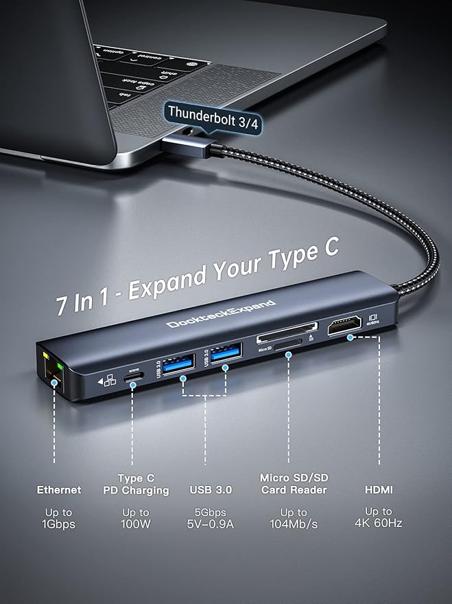 USB C Hub Multiport Adapter DockteckExpand 7-in-1 Type C Hub with 4K 60Hz HDMI1Gbps Ethernet100W PD2 USB 3.0 PortsSD/TF Card Slots for MacBook Pro MacBook Air iPad Pro Surface Steam Deck